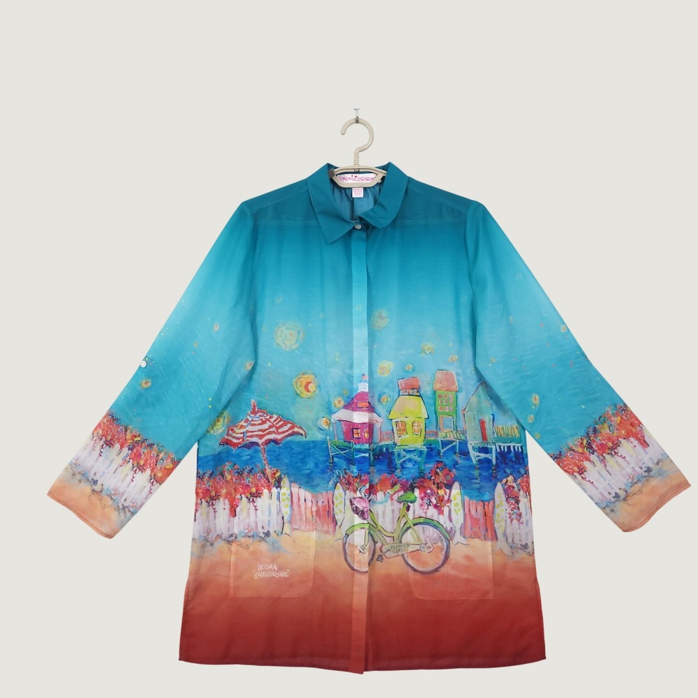 Leoma Lovegrove Top Tunic Medium Beach Bicycle Scene Art To Wear Boho Sheer